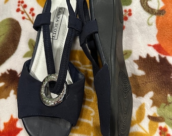 Laura Scott Navy Blue Wedges, Used Low Wedge Sandals, Rhinestone Ring Open Toe Shoes, Womens Size 6 Comfort Strappy Slingback Heels