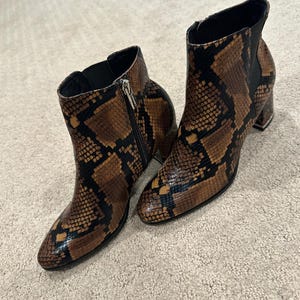 Calvin Klein Snakeskin Boots, Used Snakeskin Print Ankle Booties, Medium Block Heel Chelsea Boots, Womens Designer Fall Fashion Shoes