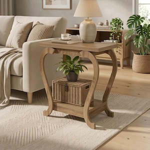 May include: A light brown wooden side table with curved legs and a lower shelf. The table holds a white coffee mug on a book, a lamp, and a green plant. A woven storage basket sits on the lower shelf between the curved wooden supports.