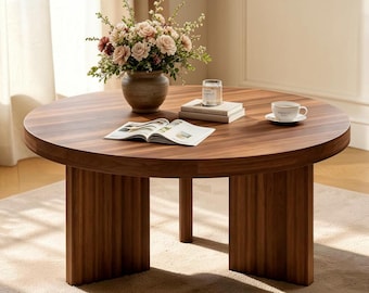 Round Coffee Table, 33.5 Inch Fluted Leg Center Table, Retro Accent Sofa Table, Thick Wood Top Living Room Table, Bedroom Furniture