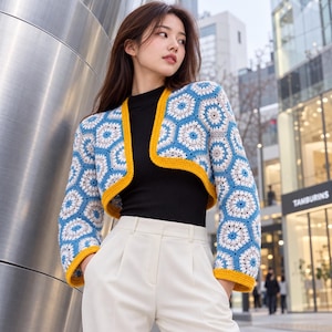 Crochet Hexagon Bolero Pattern, Blue Granny Motif Jacket PDF