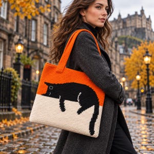 Modello per borsa tote all'uncinetto con gatto nero, intarsio arancione in formato PDF