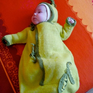 May include: A baby wearing a green knitted peapod-shaped sleeping bag with a white hat. The sleeping bag has a green stem and peapod details.