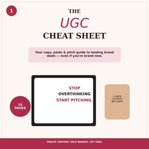 May include: A digital guide titled THE UGC CHEAT SHEET with a pink banner stating Your copy, paste & pitch guide to landing brand deals — even if you're brand new. It features a 14 PAGES circle, a tablet graphic with STOP OVERTHINKING START PITCHING, and a tan card with create content get paid.