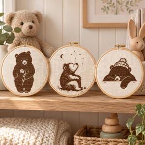 Bear Cross Stitch Pattern Bundle, Set of 3 Nordic Bears with Moon and Bobble Hat, Monochrome Nursery Chart PDF