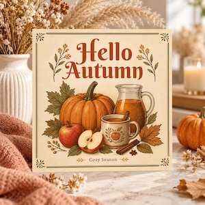 Op de afbeelding: Een vierkant decoratief bord met een crèmekleurige achtergrond en de tekst Hello Autumn en Cozy Season. De illustratie toont een grote oranje pompoen, een hele rode appel, een doorgesneden appel, een glazen kan met sap en een mok met kaneelstokjes.