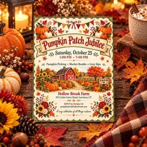 May include: A rectangular event flyer titled Pumpkin Patch Jubilee, featuring a red barn, pumpkins, sunflowers, and autumn leaves. Text includes Saturday, October 25, 1:00 PM – 7:00 PM, Pumpkin Picking, Market Booths, Cozy Sips, and Hollow Brook Farm, 192 Cedar Grove Road, Garrison, CT.