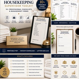 Puede incluir: Un kit de herramientas para supervisores de limpieza de hoteles que incluye formularios imprimibles, listas de verificación y plantillas de gestión. El producto digital contiene una lista de verificación diaria, agenda de reuniones y formularios.