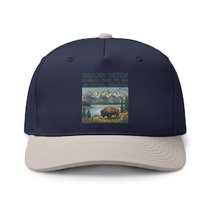 May include: A navy blue baseball cap with a light gray brim and a top button. The front features a rectangular graphic of a bison in a field with mountains, a lake, and trees. Text reads: GRAND TETON NATIONAL PARK, WY, USA 43.7904N, -110.6818W.