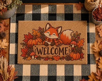 Fox Fall Doormat, Cozy Autumn Welcome Mat, Woodland Porch Decor