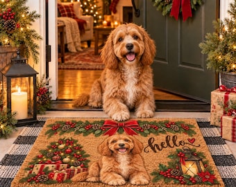 Custom Pet Christmas Doormat from Photo, Personalized Hello Welcome Mat with Your Dog or Cat, Pet Lover Christmas Gift