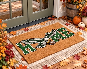 Football Eagle Doormat, Game Day Welcome Mat, Green Sports Front Door Decor