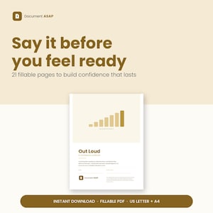 Op de afbeelding: Een digitaal werkboek getiteld Out Loud met 21 invulbare pagina's. De omslag bevat een bruin staafdiagrampictogram en de tekst Say it before you feel ready. Het document bevat secties voor notities en is beschikbaar in A4-formaat.