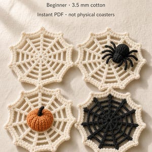 May include: A digital PDF pattern for four crochet spider web coasters. The text reads: DIGITAL PDF PATTERN, Spider Web Coasters 4-in-1, Beginner · 3.5 mm cotton, Instant PDF · not physical coasters. The image shows four cream-colored web coasters.