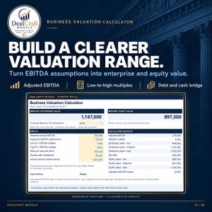 May include: A digital business valuation calculator spreadsheet interface titled DealCraft Models. The screen displays input fields for EBITDA, multiples, and debt, alongside calculated results for enterprise and equity value in a dark blue and white layout.