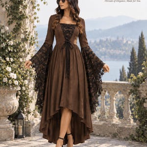 May include: A brown high-low dress featuring long bell sleeves with black lace trim, a square neckline, and a black lace-up bodice detail. The text ELEGANT THREADS HEART Threads of Elegance, Made for You. is visible in the upper right corner.