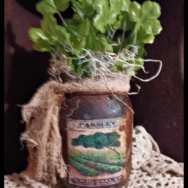 Handmade Pantry Distressed VERY Primitive Rustic Farmhouse Grungy Distressed Pint Mason Jar Parsley Herbs Herb Garden