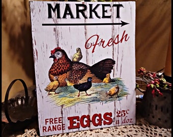 Country Vintage Primitive Weathered Kitchen Print  Chicken Hen Market Free Range Eggs fpr Sale Picture Print Sign 8x10