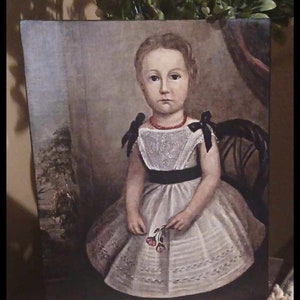 Colonial Vintage Primitive Portrait Young Girl with Flowers On Chair Print Sign Picture 8x10