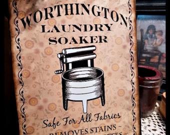 Primitive Vintage Distressed Sign  LAUNDRY ROOM Worthinton's Laundry Soaker Wash Tub Picture Print Sign8X10
