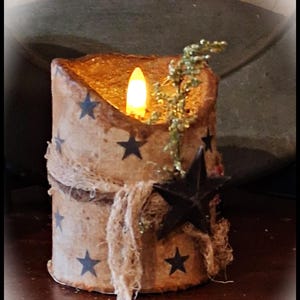 Handmade Very Primitive Colonial Grungy Fabric Covered LED Glow BARN STAR Candle Flameless Hand Distressed Sweet Annie  4X3