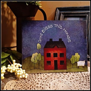 Primitive Sign Print Saltbox House Sheep God Bless This House Americana Picture Print Sign 8x10