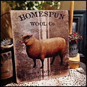 Koloniales Vintage Primitive Distressed- Schaf HOMESPUN WOOL Firmenanzeige EST 1805 Druckschild-Bild 20x26cm.