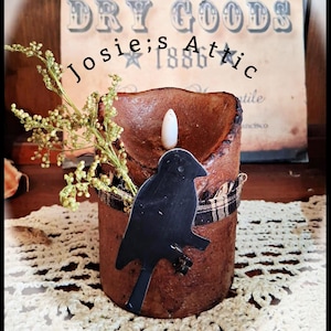 Handmade Very Primitive Grungy Wax Dipped LED Glow BLACK CROW Timer Candle Flameless Hand Distressed Sweet Annie  4X3