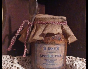 Handmade Pantry Distressed VERY Primitive Rustic Farmhouse Grungy Distressed Pint Mason Jar APPLE BUTTER 1886