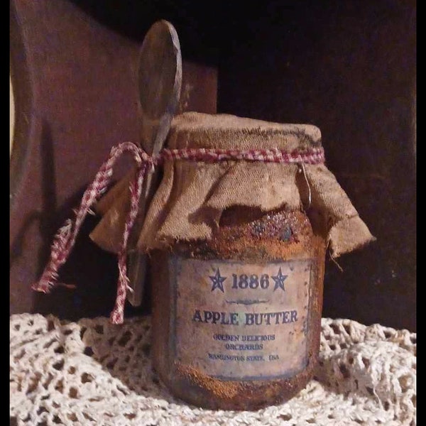 Handmade Pantry Distressed VERY Primitive Rustic Farmhouse Grungy Distressed Pint Mason Jar APPLE BUTTER 1886