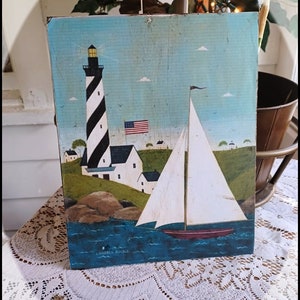 Primitive Vintage Colonial Distressed  Lighthouse Boat Flag Seashore Picture Print Sign 8x10