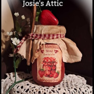Handmade Pantry Primitive Rustic Farmhouse Grungy Distressed Pint Mason Jar STRAWBERRY JAM Wooden Spoon Faux Strawberry AMERICANA