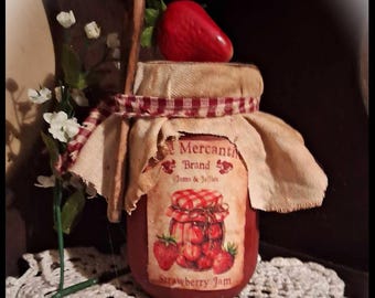 Handmade Pantry Primitive Rustic Farmhouse Grungy Distressed Pint Mason Jar STRAWBERRY JAM Wooden Spoon Faux Strawberry AMERICANA