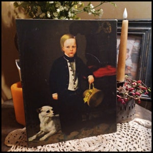Primitive Colonial Vintage Distressed Print Young Boy with Dog Portrait Picture Print Sign 8x10