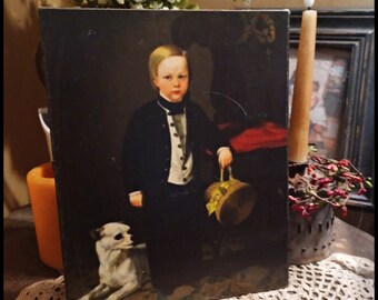 Primitive Colonial Vintage Distressed Print Young Boy with Dog Portrait Picture Print Sign 8x10