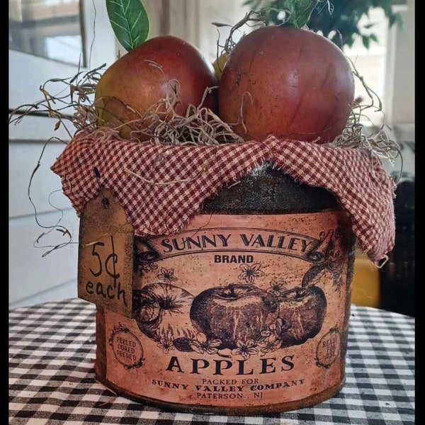 Handmade Pantry Distressed VERY Primitive Rustic Farmhouse Kitchen Grungy Distressed Large Tin Can with 3 Life Size Apples 5 Cents Each