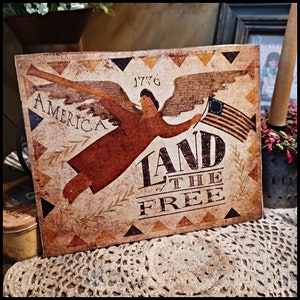 Koloniale volkskunst vintage primitief 1776 AMERIKA Land Land van de GRATIS engel vlag print teken foto 8 x 10