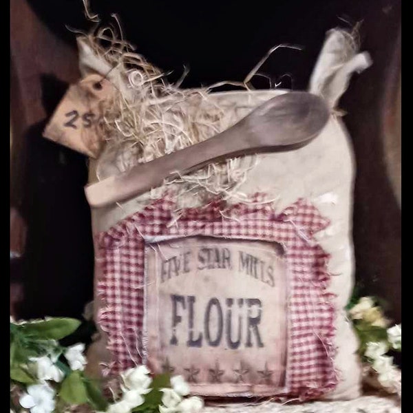 Handmade Primitive Pantry Distressed Homespun Fabric Faux FLOUR SACK Grungy Spoon Pantry Decor Buttery Shelf Sitter