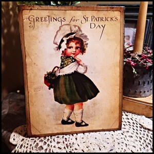 Primitive Vintage Print Sig  IRISH Girl Greetings for Saint Patrick's Day Picture Print Sign 8x10