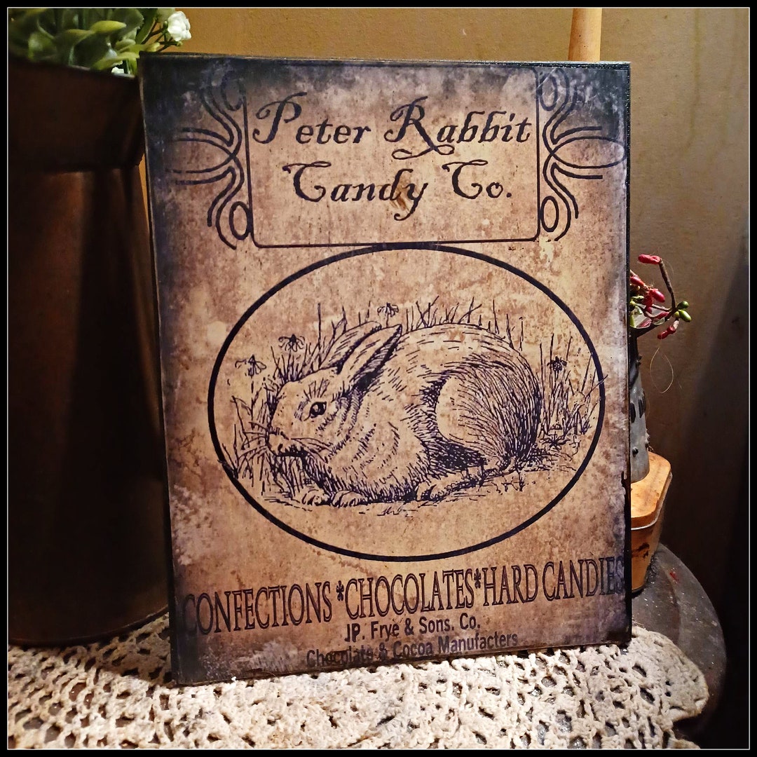 Vintage Very Primitive Decor Distressed PETER RABBIT Candy Co. Bunny ...