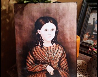 Colonial Vintage primitive Sign Portrait of Young Girl with brown Hair and Curls Picture Print Sign 8x10