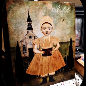 Colonial Vintage Primitive Distressed Portrait Girl with Bible by Church Print Sign Picture 8x10