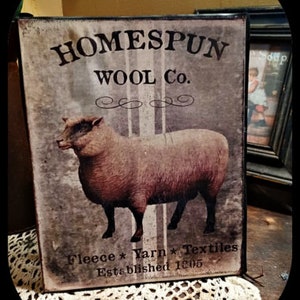 Primitive Vintage Farmhouse Distressed Sheep Homespun Wool Co. Yarn Textiles. 1805 Picture Print Sign 8x10