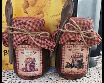 Handmade Pantry Distressed VERY Primitive Rustic Farmhouse Grungy Distressed Pint Mason Jar BLACKBERRY Jam or CHERRY Jelly Wooden Spoon