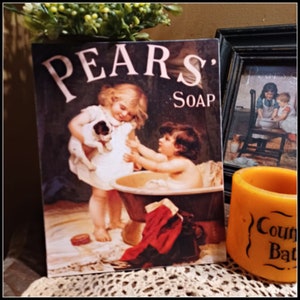 Primitive Vintage  Kitchen LAUNDRY ROOM Bathroom  Pears Soap Little Boy Girl Dog Picture Print Sign 8x10