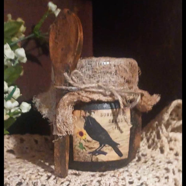 Handmade Pantry Distressed VERY Primitive Farmhouse Grungy Buttery 10 oz Blackened Small Jelly Jar Crow Sunflower Seeds Wood Spoon 1875