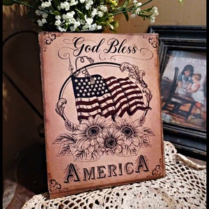 Koloniale Vintage Primitieve Amerikaanse Print Vlag Patriottische Vlag Zonnebloemen God Bless America Picture Print Sign 8x10