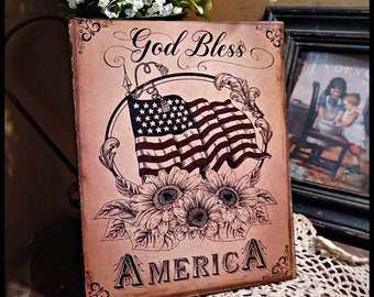 Koloniale Vintage Primitieve Amerikaanse Print Vlag Patriottische Vlag Zonnebloemen God Bless America Picture Print Sign 8x10