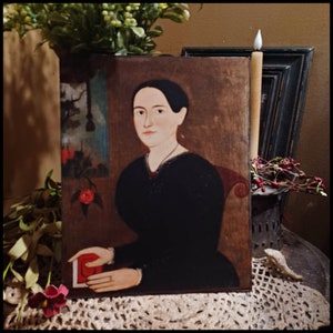 Colonial Decor Vintage primitive   Portrait of Woman and Roses Picture Print Sign  8x10