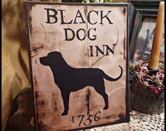 Primitive Vintage Colonial  Labrador Black Dog INN 1756 Picture Print Sign 8x10